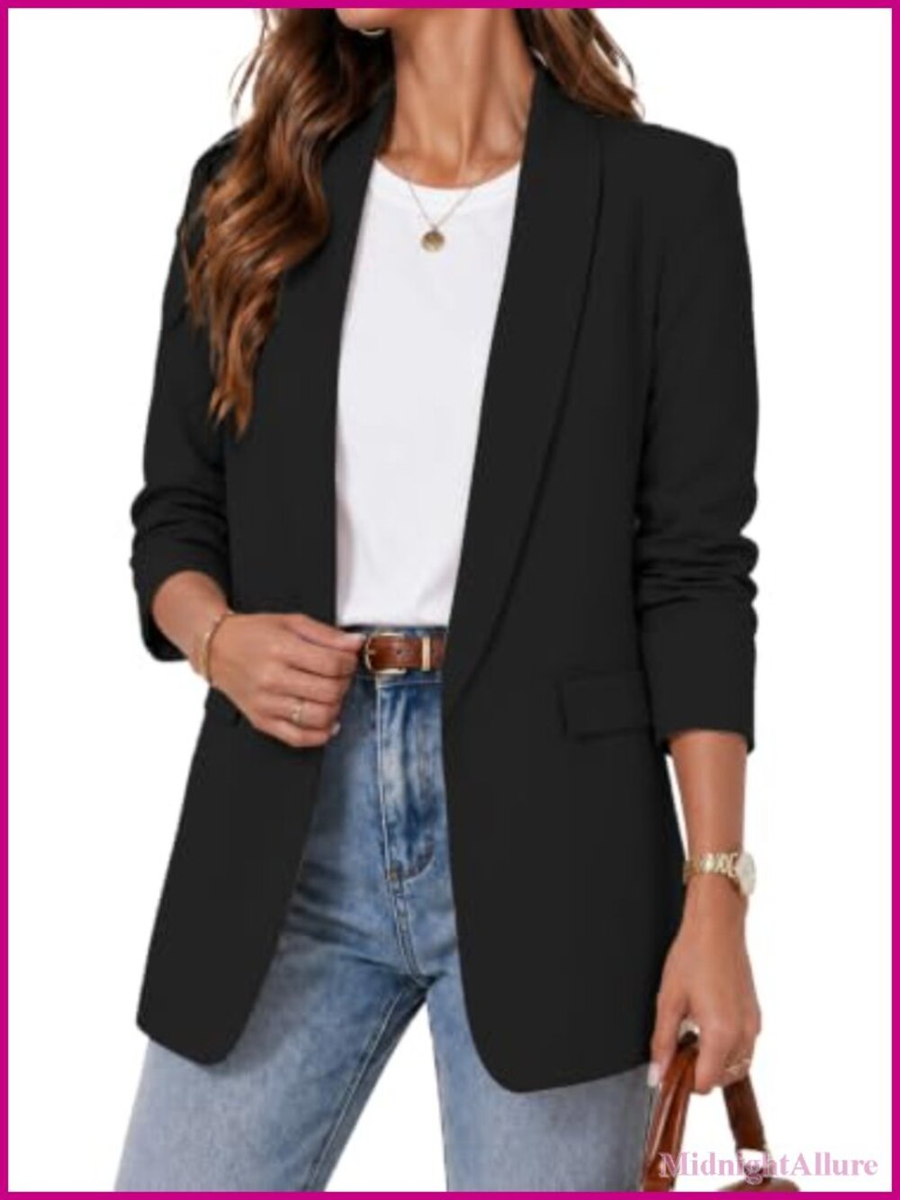 ELLEVEN Womens Open Front Ruched 3/4 Sleeve Blazer Business Casual